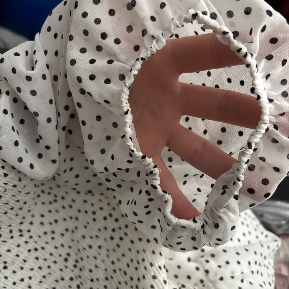 Black Polka Dots on a White Cream V-Neck Midi Dress - Picture 8 of 11